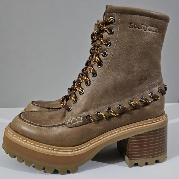 See By Chloe Shoes - NEW See By Chloe Mahalia Boot Whipstitch Eyelet Ankle Bootie Brown Leather EU 36